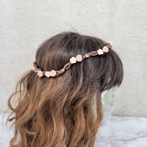 Floral Braided Headband Crown with Pink and Peach Flowers Bohi Hippie Festival - Picture 4 of 9